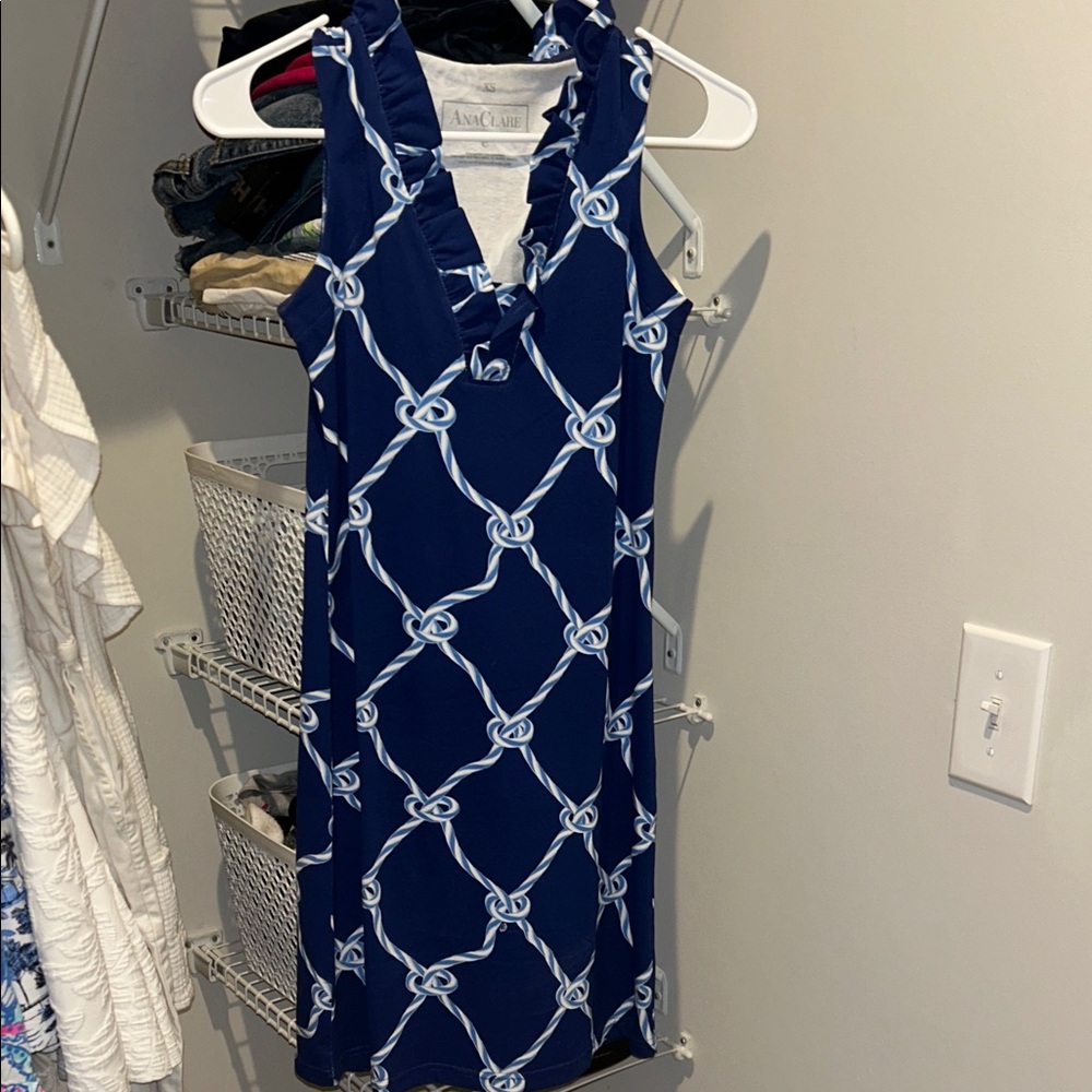 AnaClare Blue Dress with White Knot Design
